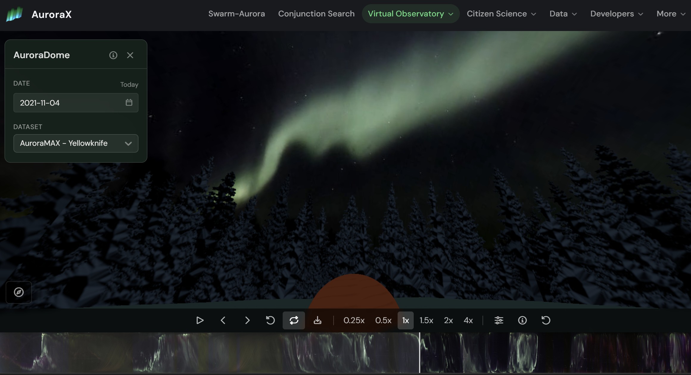 AuroraDome interface showing an immersive all-sky view