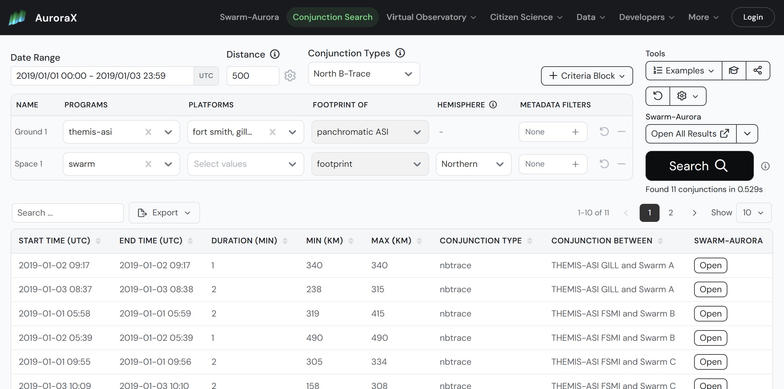 Conjunction Search interface with search criteria and results table